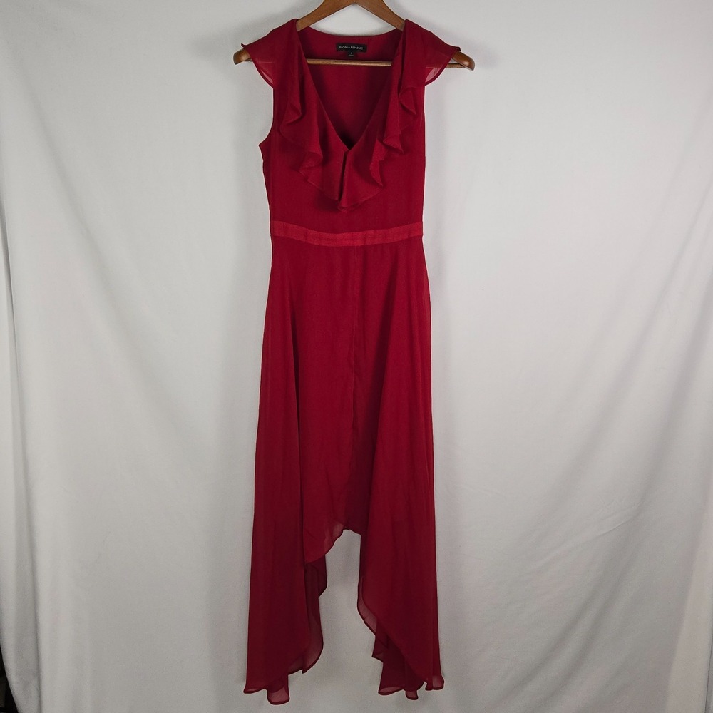 Banana Republic Red Ruffle V-Neck Handkerchief Hem HighLow Midi Dress 0 Cocktail
